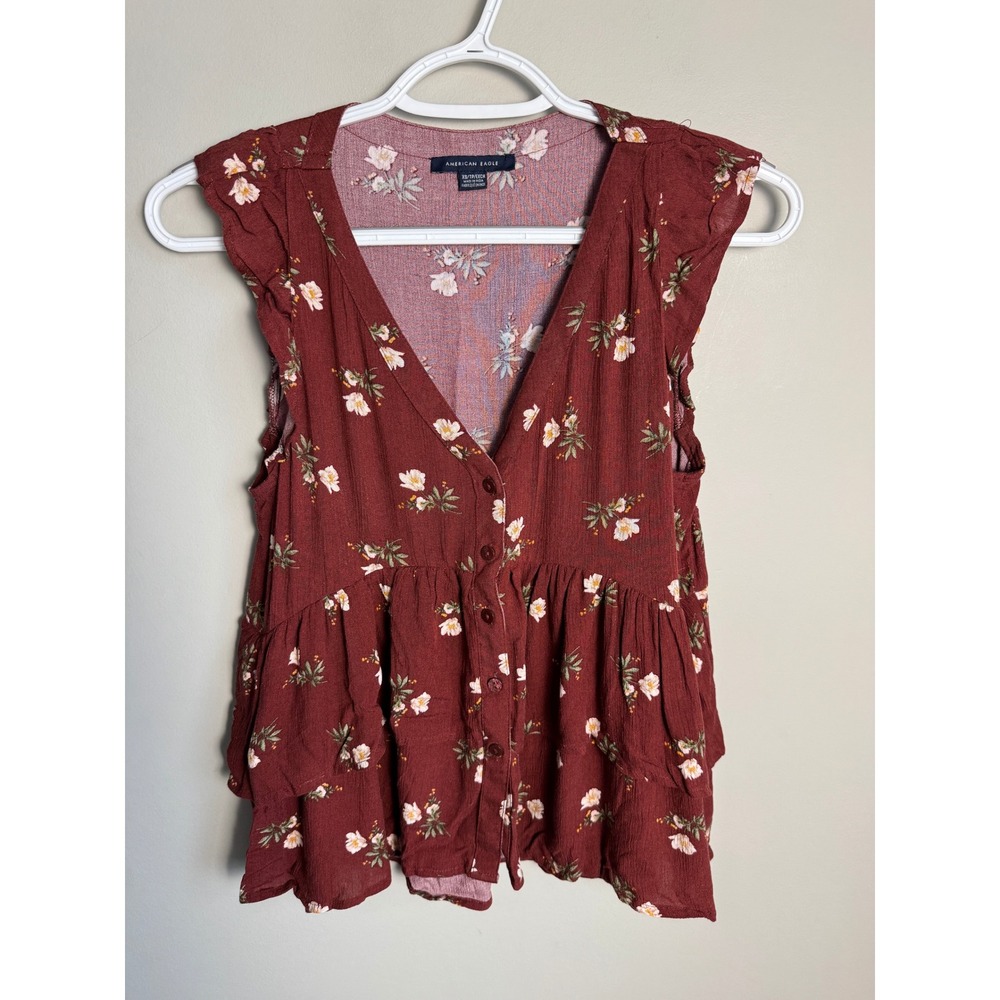 American Eagle Womens Burgundy Floral Peplum Top XS Boho Ruffle Summer Dainty
